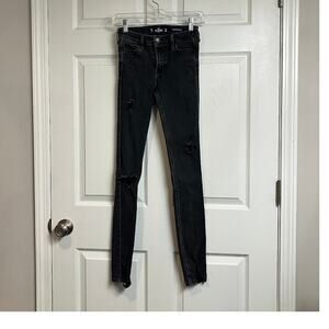 Hollister Mid-Rise Super Skinny Distressed Black Wash Jeans 0L LONG (24x32)